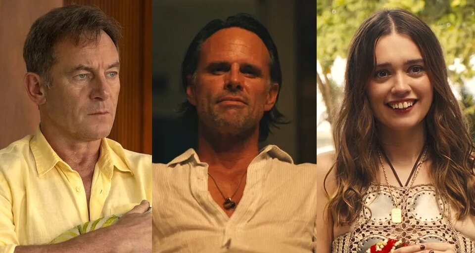 Jason Isaacs, Walton Goggins y Aimee Lou Wood en 'The White Lotus'