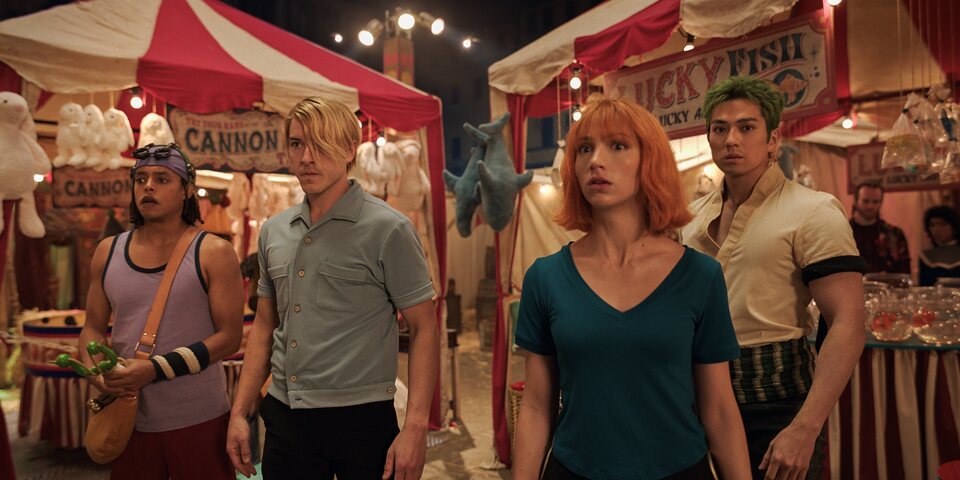 Jacob Romero, Taz Skylar, Emily Rudd y Mackenyu en la segunda temporada de 'One Piece'