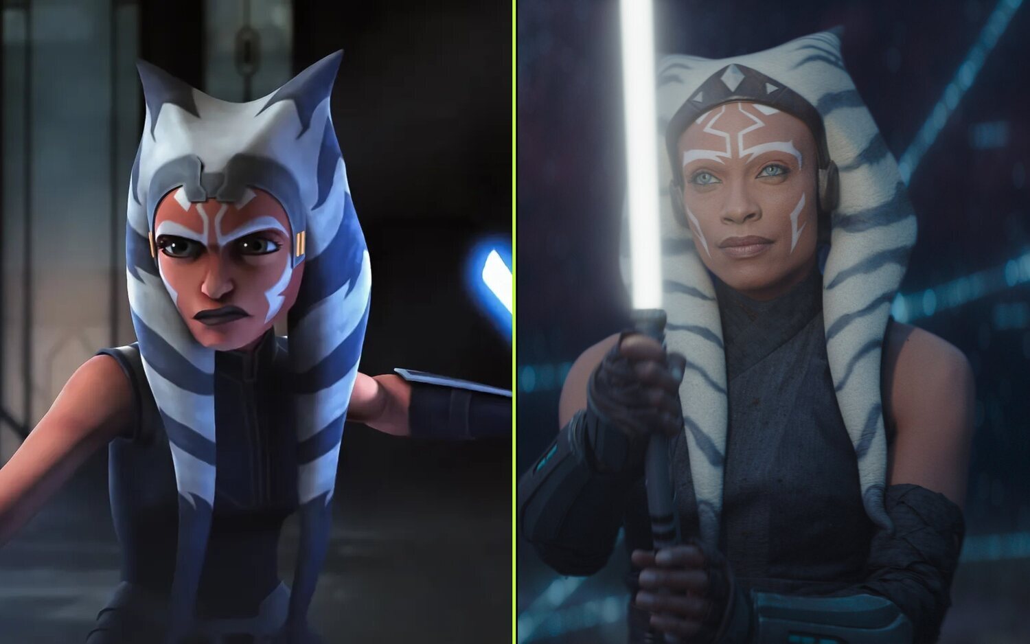 Ahsoka en 'Star Wars: The Clone Wars' y su versión live action en 'Ahsoka'
