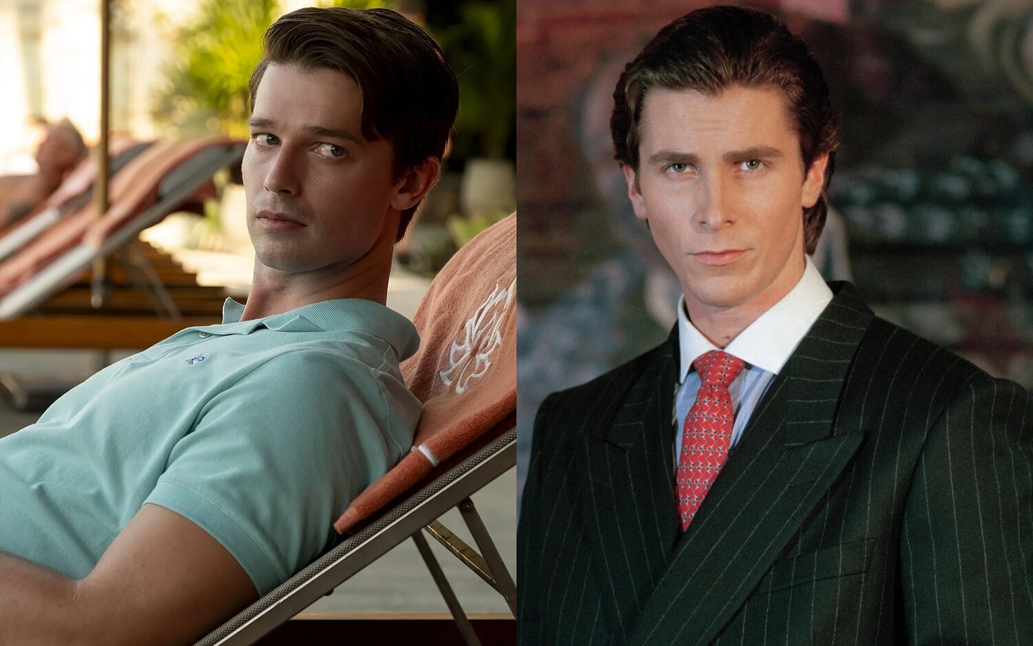 Patrick Schwarzenegger en 'The White Lotus' y Christian Bale como Patrick Bateman e 'American Psycho'