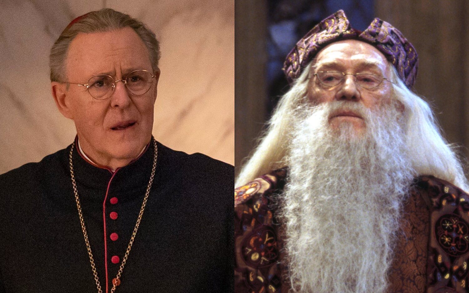 John Lithgow en 'Cónclave' y Richard Harris como Dumbledore en la saga 'Harry Potter'