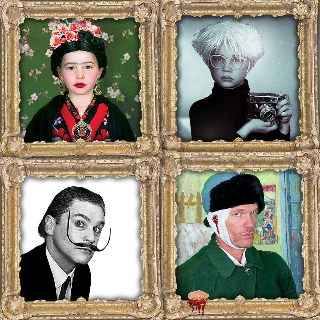 Neil Patrick Harris y David Burtka junto a sus hijos de Frida Kahlo, Andy Warhol, Dalí y Van Gogh