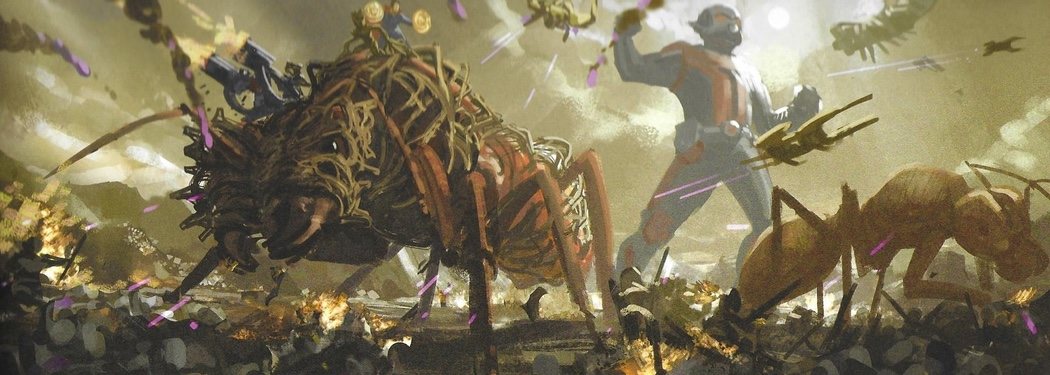 Hormigas y Ant-Man gigante en batalla