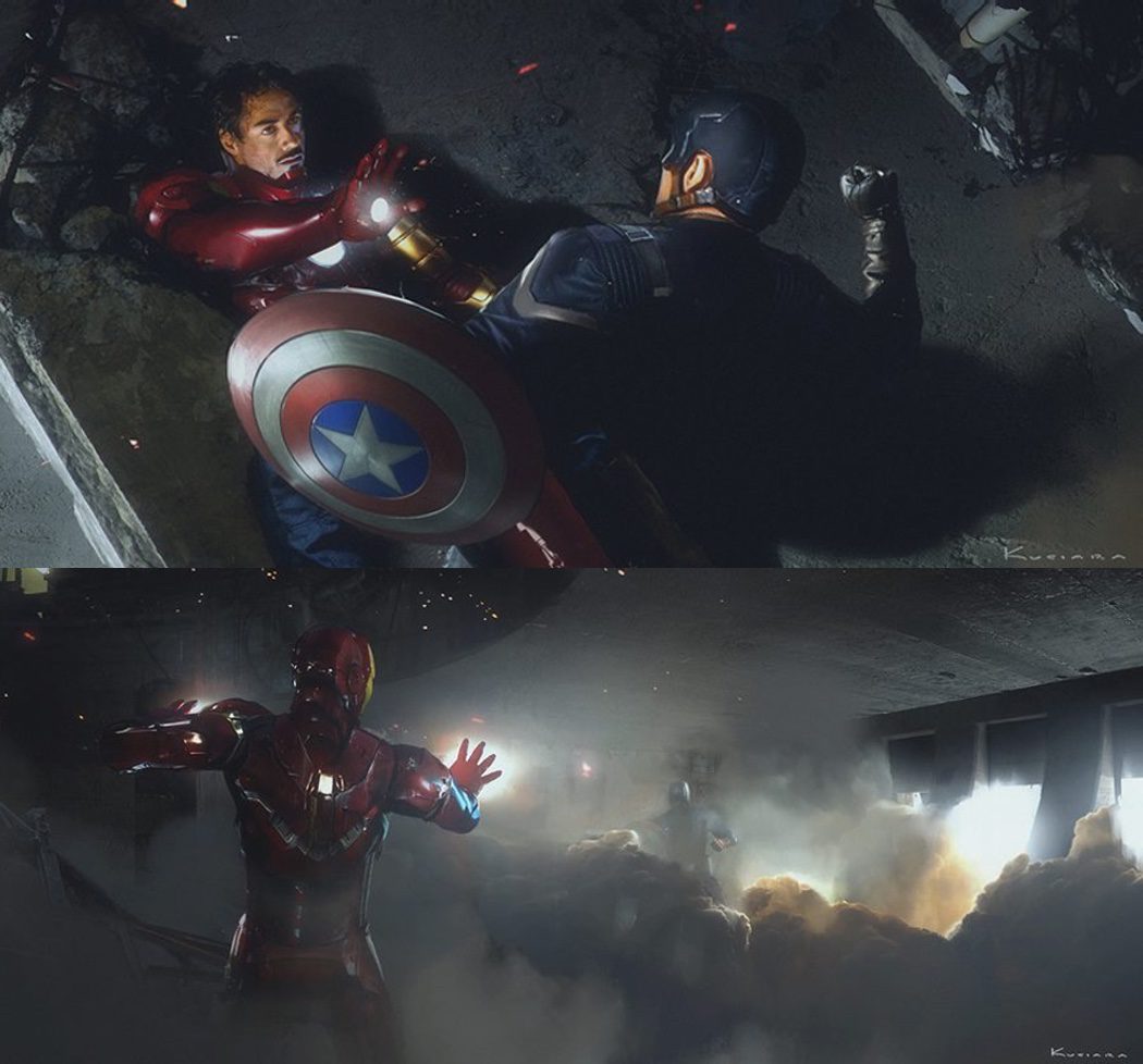 Concep art de 'Civil War' con la pelea entre Iron Man y Capitán América
